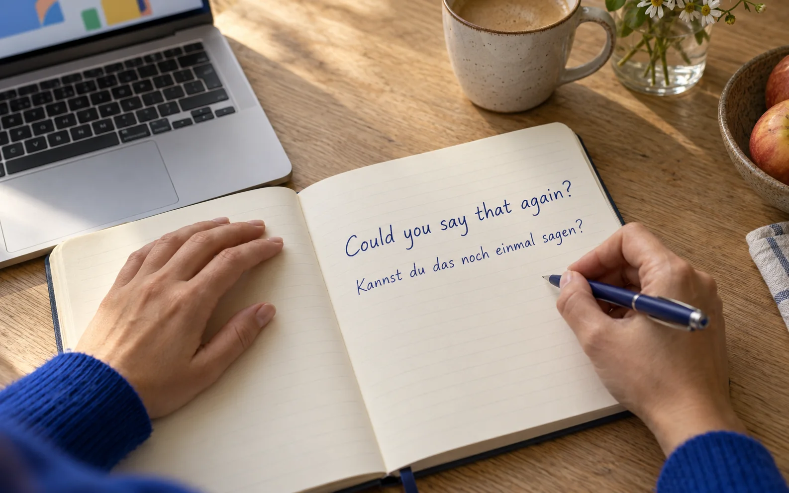 Eine Hand notiert eine englische Rückfrage neben einem geöffneten Laptop.